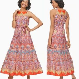 Talbots Orange Tiered Halter Madallion  Cotton, Cottage, Boho, Prarie Maxi Dress